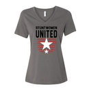 Women’s Dark Grey V-neck T-shirt featuring the Stuntwomen United “S.U.N.” logo with a distressed stars graphic