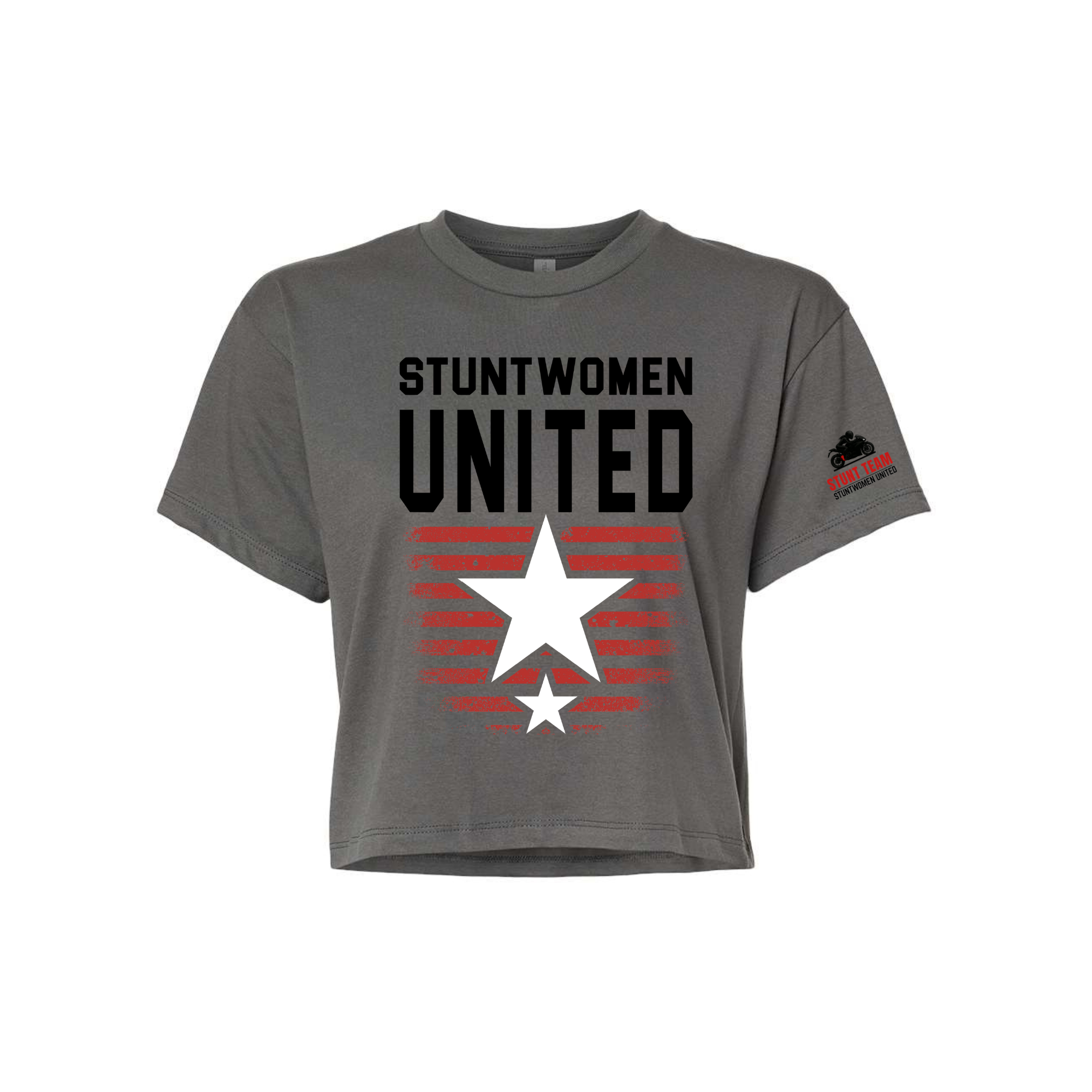 Stuntwomen United dark grey women’s cropped T-shirt shown from the front, featuring bold STUNTWOMEN UNITED text with distressed red stripe star graphic and Stunt Team sleeve logo.