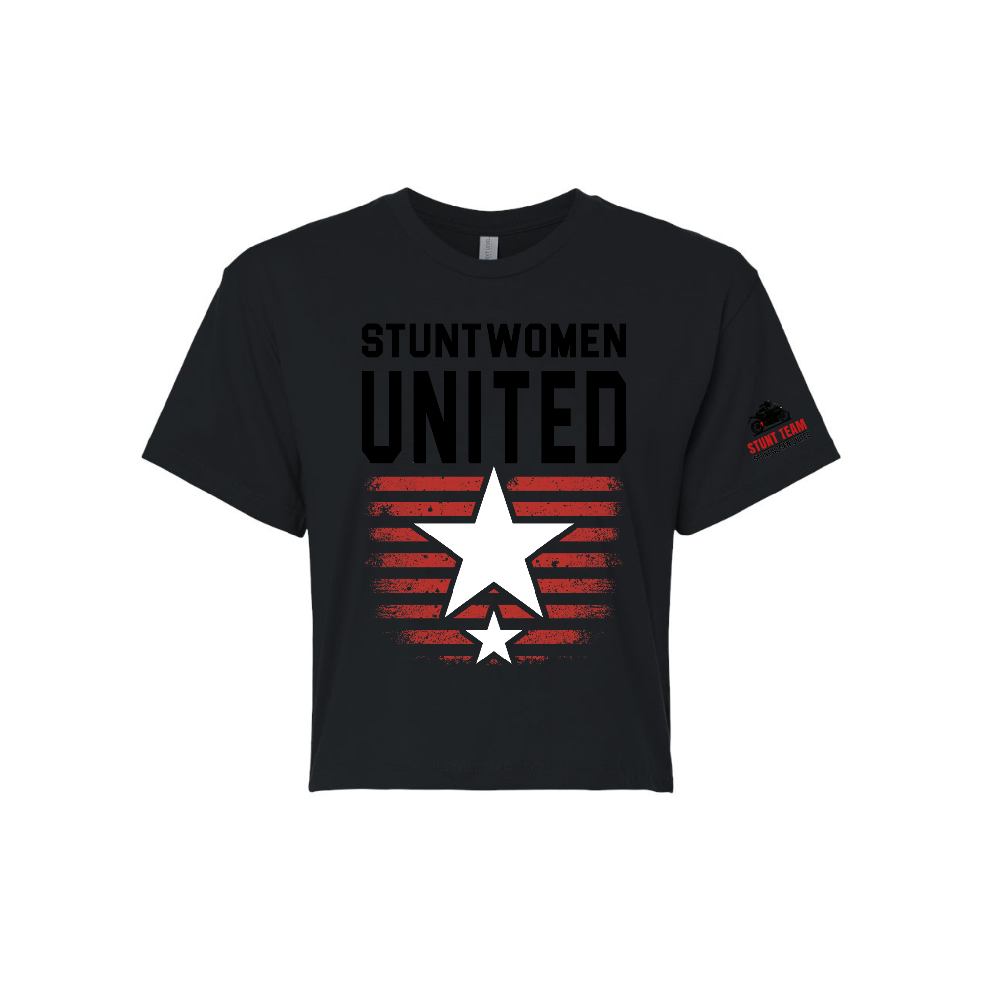 Stuntwomen United black women’s cropped T-shirt shown from the front, featuring bold STUNTWOMEN UNITED text with distressed red stripe star graphic and Stunt Team sleeve logo.