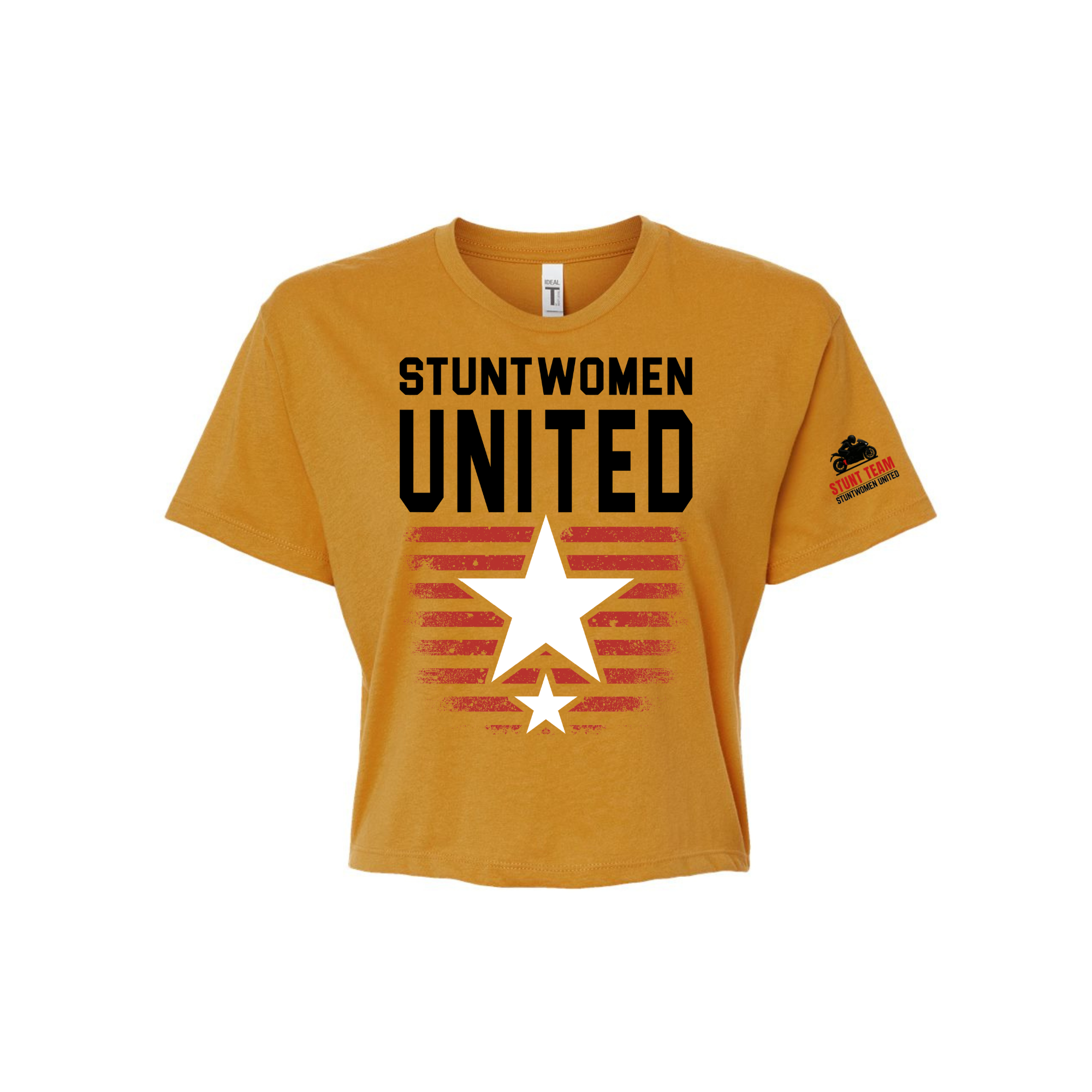Stuntwomen United mustard yellow women’s cropped T-shirt shown from the front, featuring bold STUNTWOMEN UNITED text with distressed red stripe star graphic and Stunt Team sleeve logo.