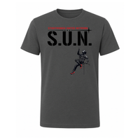 Stuntwomen United graphic t-shirt in dark grey featuring the stuntwoman rappelling logo design.