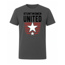 Stuntwomen United graphic t-shirt in dark grey featuring the star and stripe logo design.