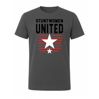 Stuntwomen United graphic t-shirt in dark grey featuring the star and stripe logo design.