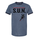 Stuntwomen United S.U.N. graphic t-shirt in blue featuring a stuntwoman rappelling design.