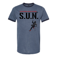 Stuntwomen United S.U.N. graphic t-shirt in blue featuring a stuntwoman rappelling design.