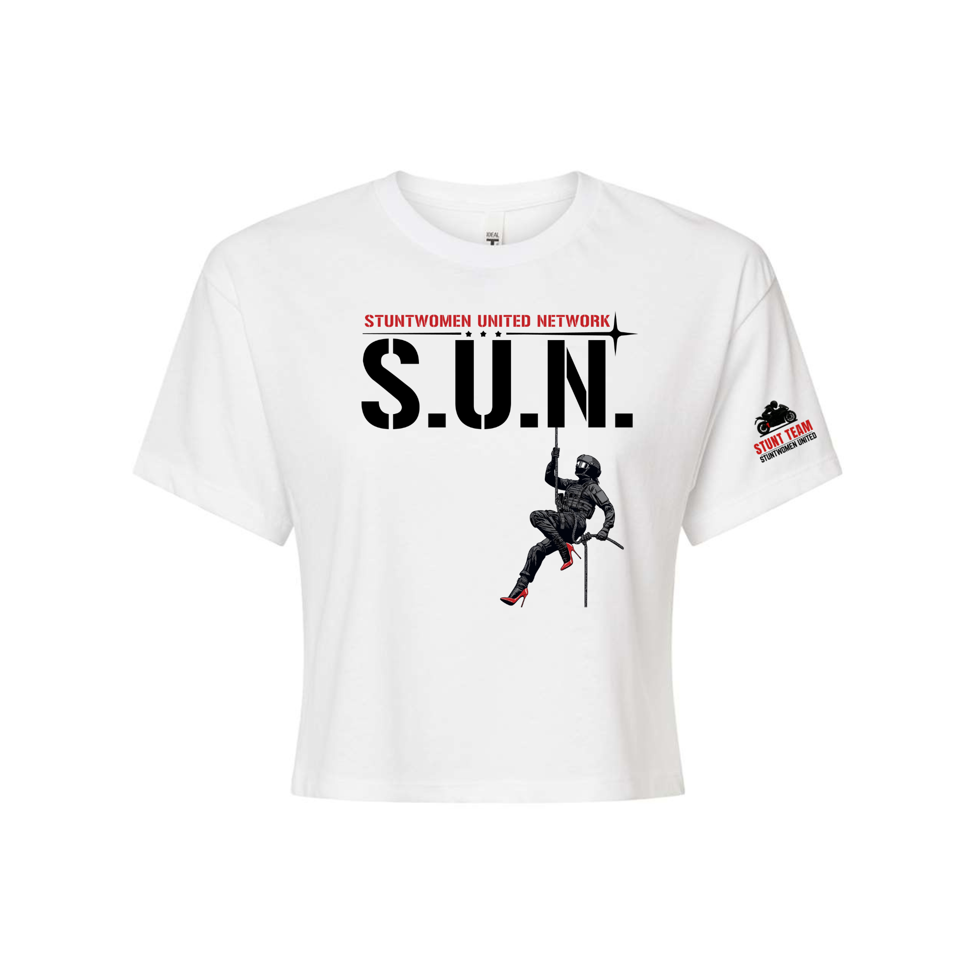 Stuntwomen United white women’s cropped T-shirt shown from the front, featuring S.U.N. logo with rappelling stuntwoman graphic in red heels and Stunt Team sleeve logo.