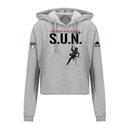 Stuntwomen United heather grey women’s cropped hoodie shown from the front, featuring S.U.N. text with rappelling stuntwoman in red heels and Stunt Team sleeve logo.