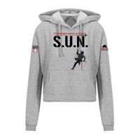 Stuntwomen United heather grey women’s cropped hoodie shown from the front, featuring S.U.N. text with rappelling stuntwoman in red heels and Stunt Team sleeve logo.