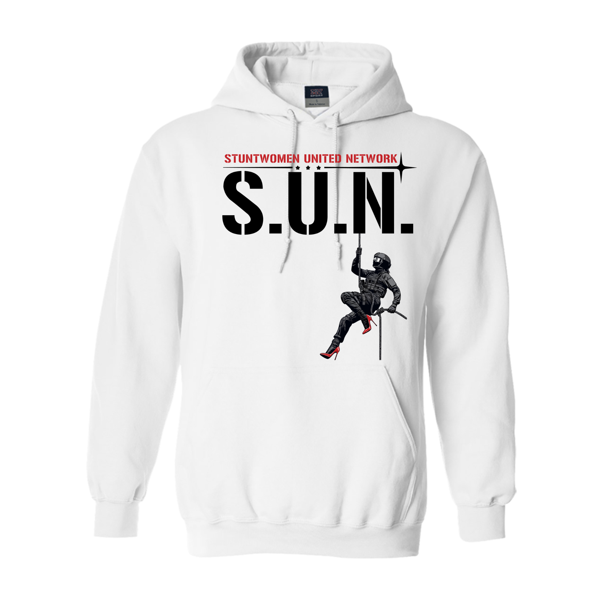 Stuntwomen United graphic hoodie in white featuring the rappelling stuntwomen logo design.