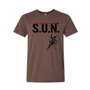 Stuntwomen United graphic t-shirt in brown featuring the stuntwoman rappelling logo design.