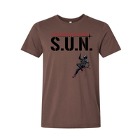 Stuntwomen United graphic t-shirt in brown featuring the stuntwoman rappelling logo design.