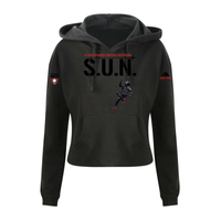 Stuntwomen United black women’s cropped hoodie shown from the front, featuring S.U.N. text with rappelling stuntwoman in red heels and Stunt Team sleeve logo.