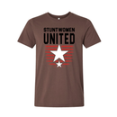 Stuntwomen United graphic t-shirt in brown featuring the star and stripe logo design.