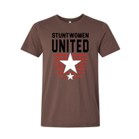 Stuntwomen United graphic t-shirt in brown featuring the star and stripe logo design.