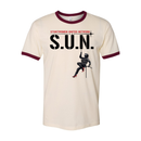 Stuntwomen United S.U.N. graphic ringer t-shirt shown in cream with maroon collar and stuntwoman design.