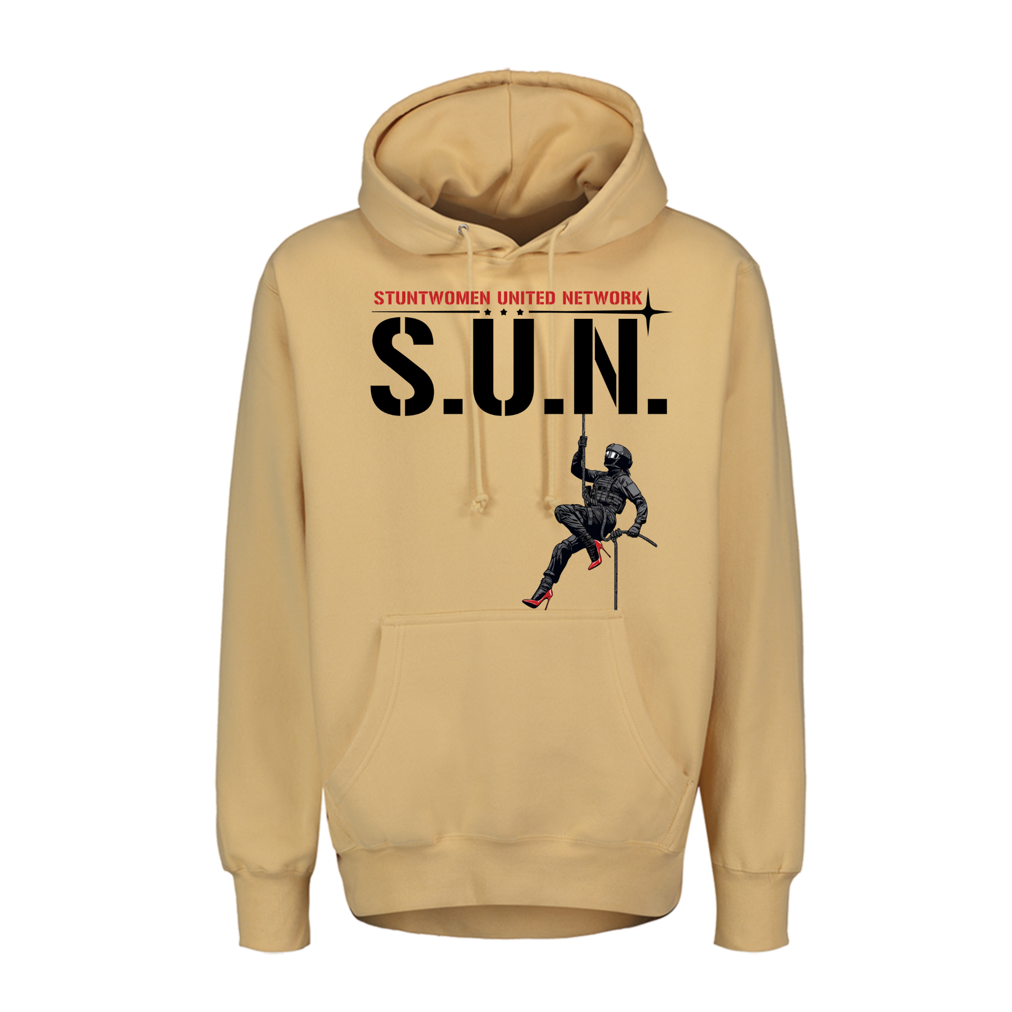 Stuntwomen United graphic hoodie in mustard yellow featuring the rappelling stuntwomen logo design.