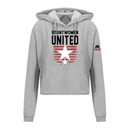 Stuntwomen United heather grey women’s cropped hoodie shown from the front, featuring bold STUNTWOMEN UNITED text with distressed red stripe star graphic.