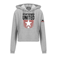 Stuntwomen United heather grey women’s cropped hoodie shown from the front, featuring bold STUNTWOMEN UNITED text with distressed red stripe star graphic.
