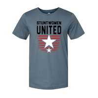 Stuntwomen United graphic t-shirt in blue featuring the star and stripe logo design.