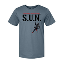 Stuntwomen United graphic t-shirt in blue featuring the stuntwoman rappelling logo design.
