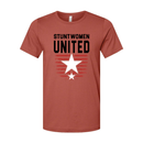 Stuntwomen United graphic t-shirt in orange featuring the star and stripe logo design.