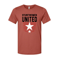 Stuntwomen United graphic t-shirt in orange featuring the star and stripe logo design.