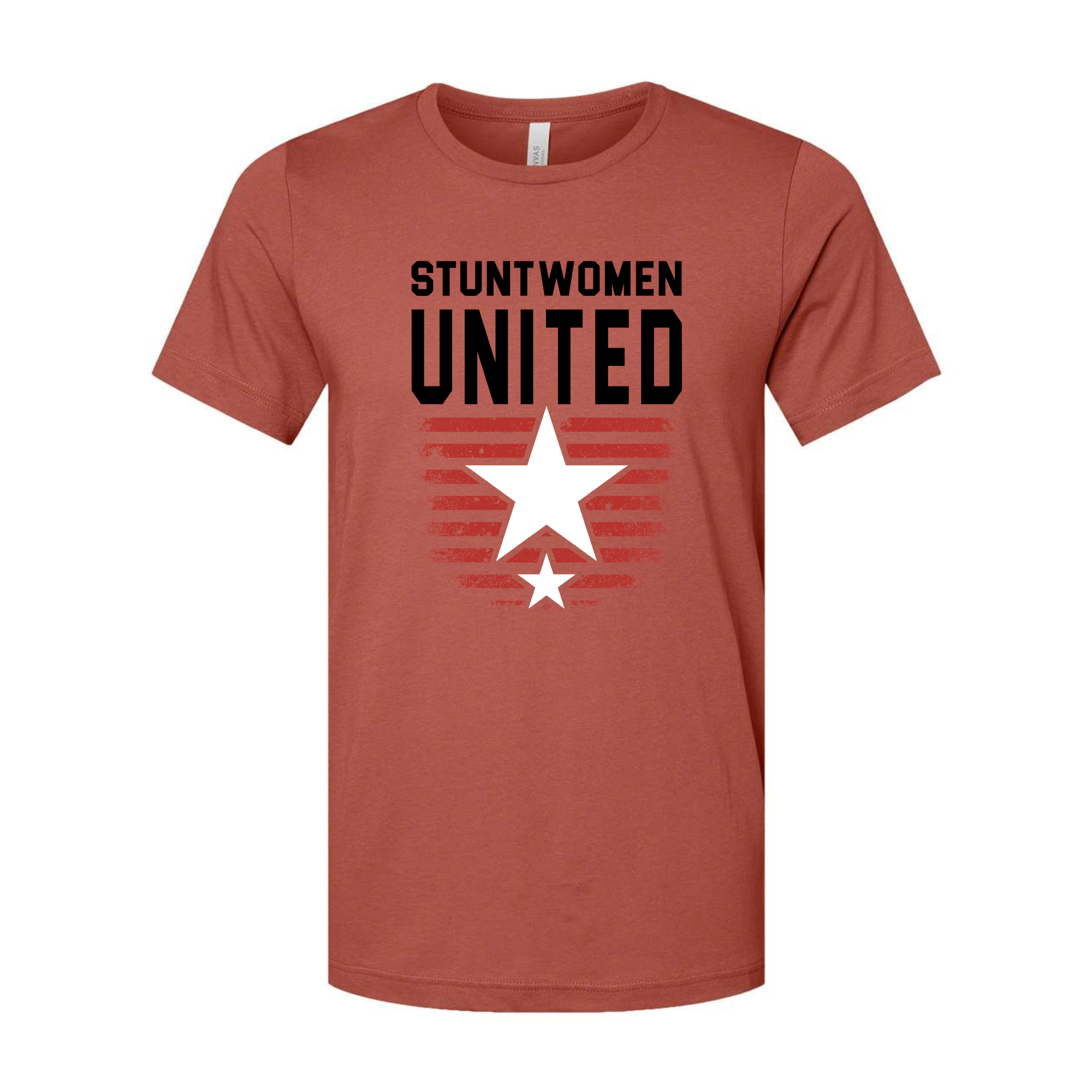 Stuntwomen United graphic t-shirt in orange featuring the star and stripe logo design.