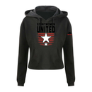 Stuntwomen United black women’s cropped hoodie shown from the front, featuring bold STUNTWOMEN UNITED text with distressed red stripe star graphic.