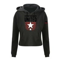 Stuntwomen United black women’s cropped hoodie shown from the front, featuring bold STUNTWOMEN UNITED text with distressed red stripe star graphic.