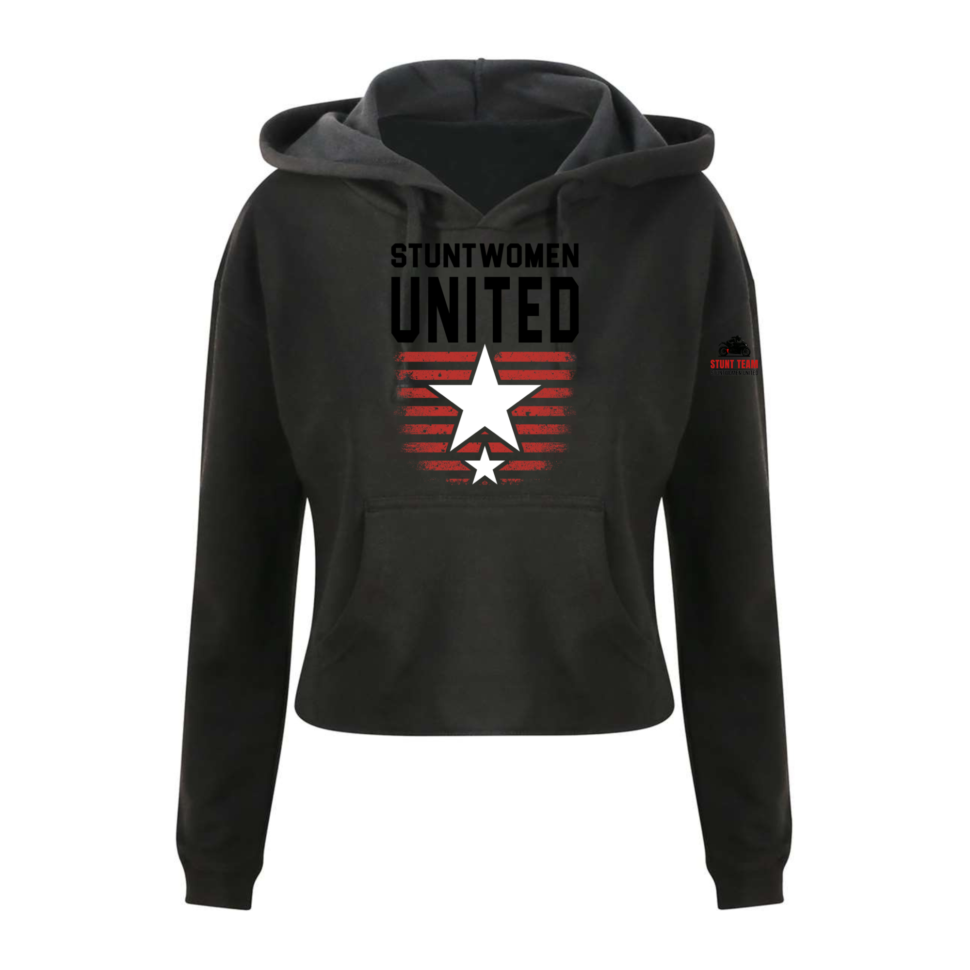 Stuntwomen United black women’s cropped hoodie shown from the front, featuring bold STUNTWOMEN UNITED text with distressed red stripe star graphic.