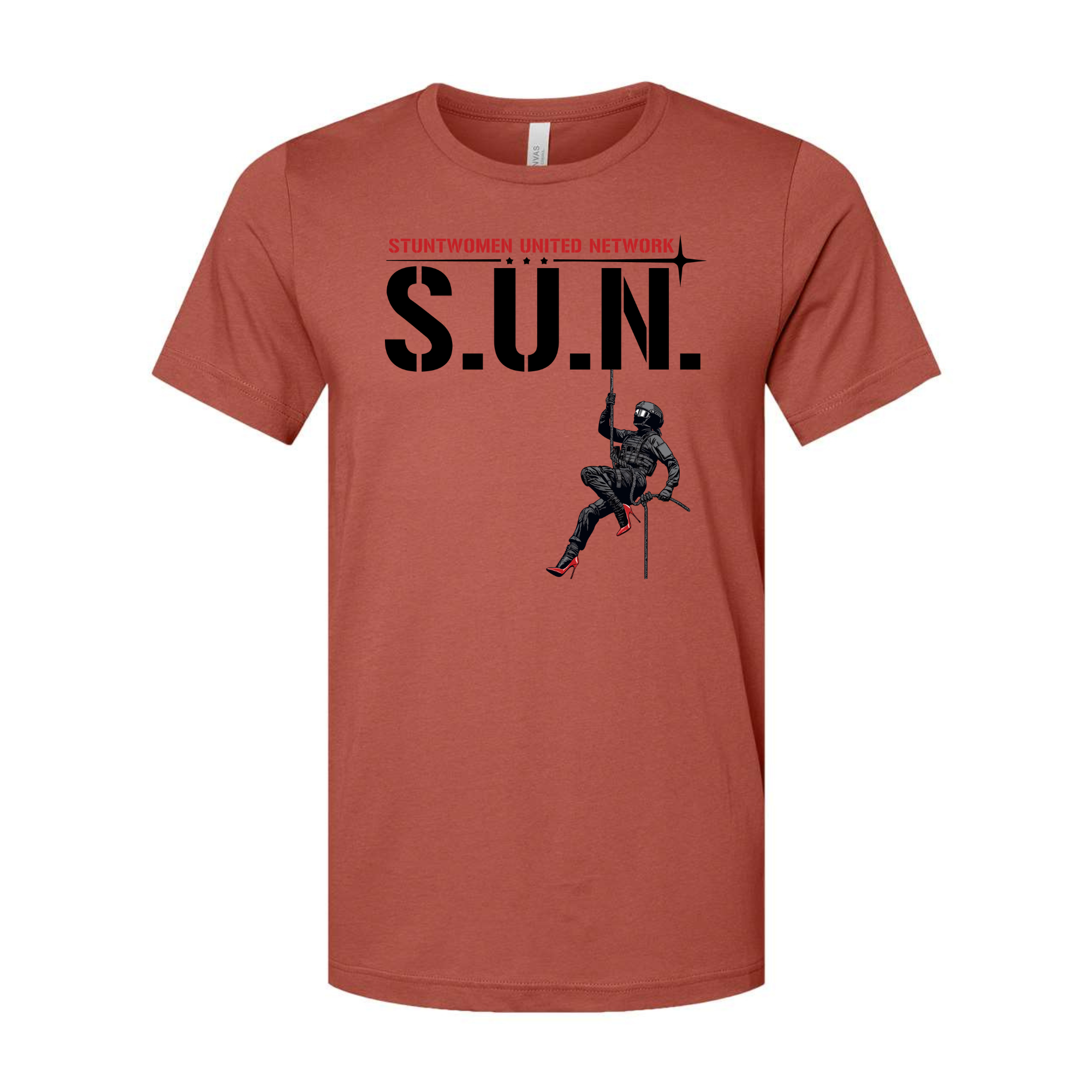 Stuntwomen United graphic t-shirt in orange featuring the stuntwoman rappelling logo design.