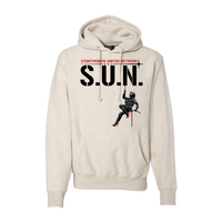 Stuntwomen United graphic hoodie in cream featuring the rappelling stuntwomen logo design.