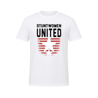Stuntwomen United graphic t-shirt in white featuring the star and stripe logo design.