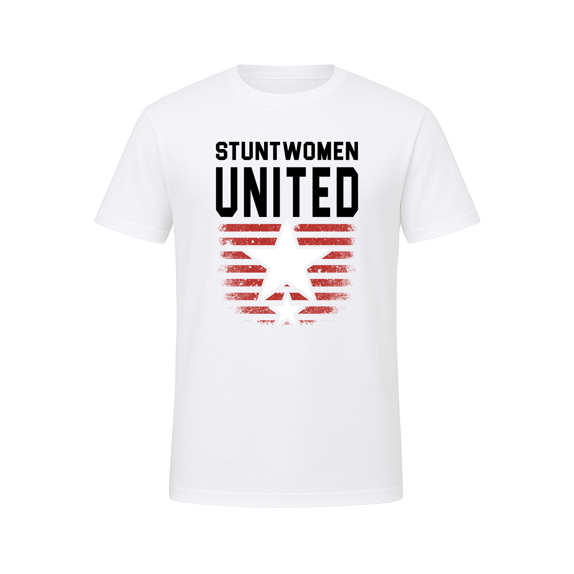 Stuntwomen United graphic t-shirt in white featuring the star and stripe logo design.