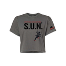 Stuntwomen United dark grey women’s cropped T-shirt shown from the front, featuring S.U.N. logo with rappelling stuntwoman graphic in red heels and Stunt Team sleeve logo.