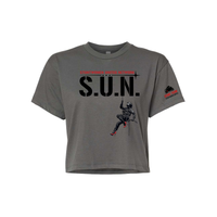 Stuntwomen United dark grey women’s cropped T-shirt shown from the front, featuring S.U.N. logo with rappelling stuntwoman graphic in red heels and Stunt Team sleeve logo.