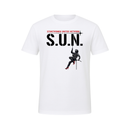 Stuntwomen United graphic t-shirt in white featuring the stuntwoman rappelling logo design.