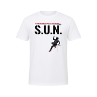 Stuntwomen United graphic t-shirt in white featuring the stuntwoman rappelling logo design.
