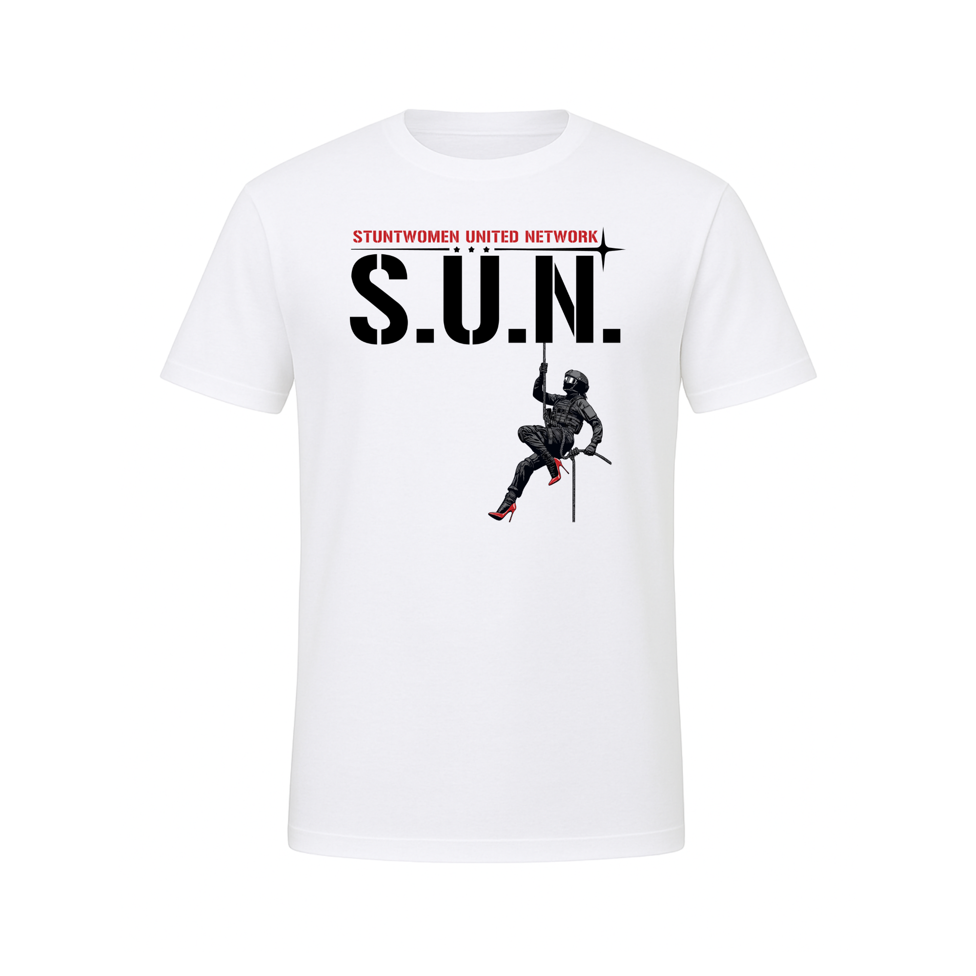Stuntwomen United graphic t-shirt in white featuring the stuntwoman rappelling logo design.