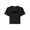 Stuntwomen United black women’s cropped T-shirt shown from the front, featuring S.U.N. logo with rappelling stuntwoman graphic in red heels and Stunt Team sleeve logo.
