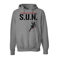 Stuntwomen United graphic hoodie in dark grey featuring the rappelling stuntwomen logo design.