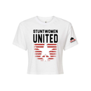 Stuntwomen United white women’s cropped T-shirt shown from the front, featuring bold STUNTWOMEN UNITED text with distressed red stripe star graphic and Stunt Team sleeve logo.