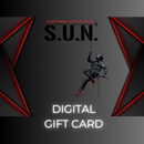 Stuntwomen United digital gift card graphic featuring the S.U.N. logo, a stuntwoman rappelling figure, and the text ‘Digital Gift Card.