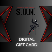 Stuntwomen United digital gift card graphic featuring the S.U.N. logo, a stuntwoman rappelling figure, and the text ‘Digital Gift Card.