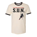 Stuntwomen United S.U.N. graphic ringer t-shirt in cream featuring a stuntwoman rappelling design.