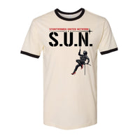 Stuntwomen United S.U.N. graphic ringer t-shirt in cream featuring a stuntwoman rappelling design.