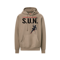 Stuntwomen United graphic hoodie in tan featuring the rappelling stuntwomen logo design.