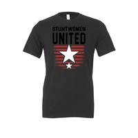 Stuntwomen United graphic t-shirt in black featuring the star and stripe logo design.