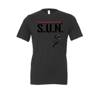 Stuntwomen United graphic t-shirt in black featuring the stuntwoman rappelling logo design.