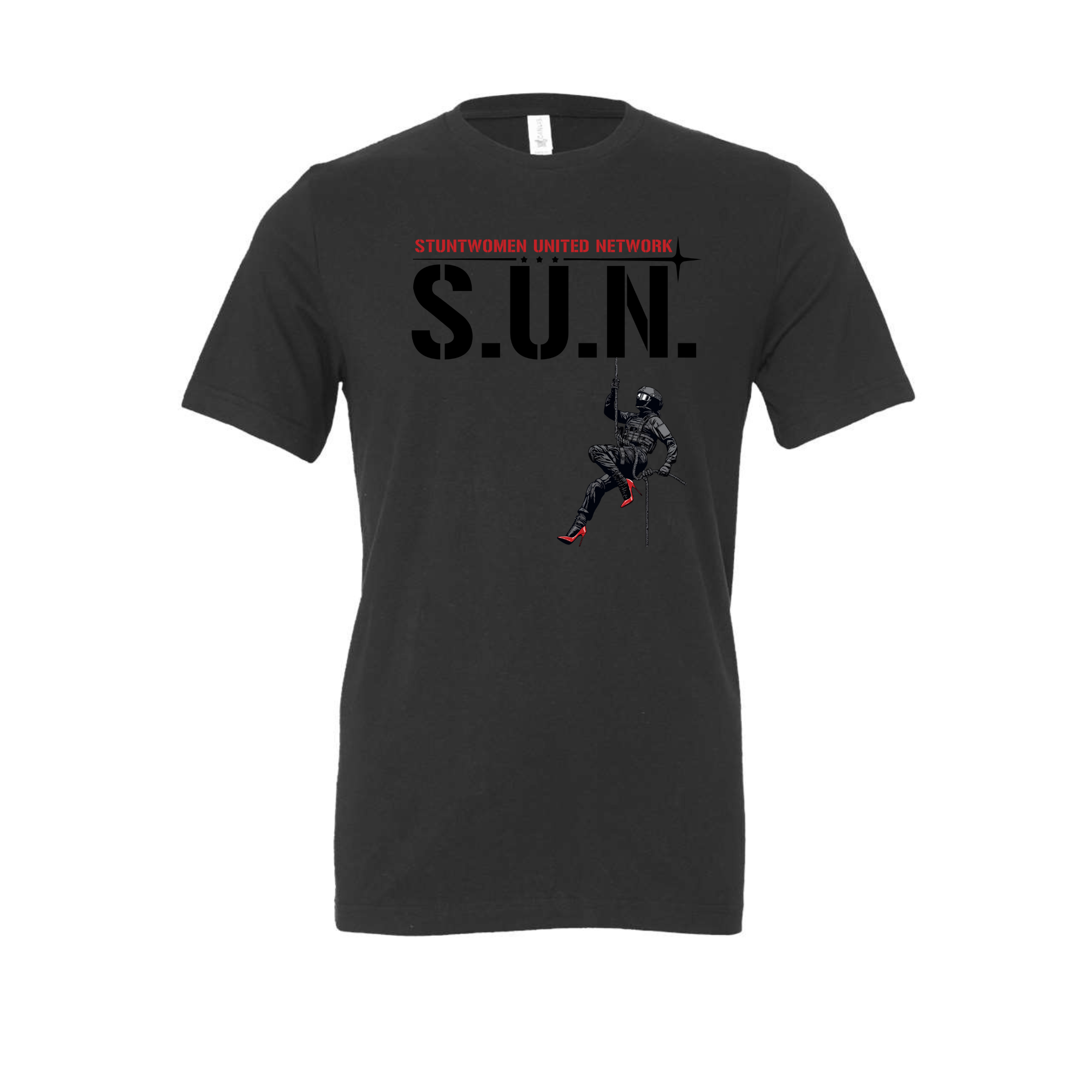 Stuntwomen United graphic t-shirt in black featuring the stuntwoman rappelling logo design.